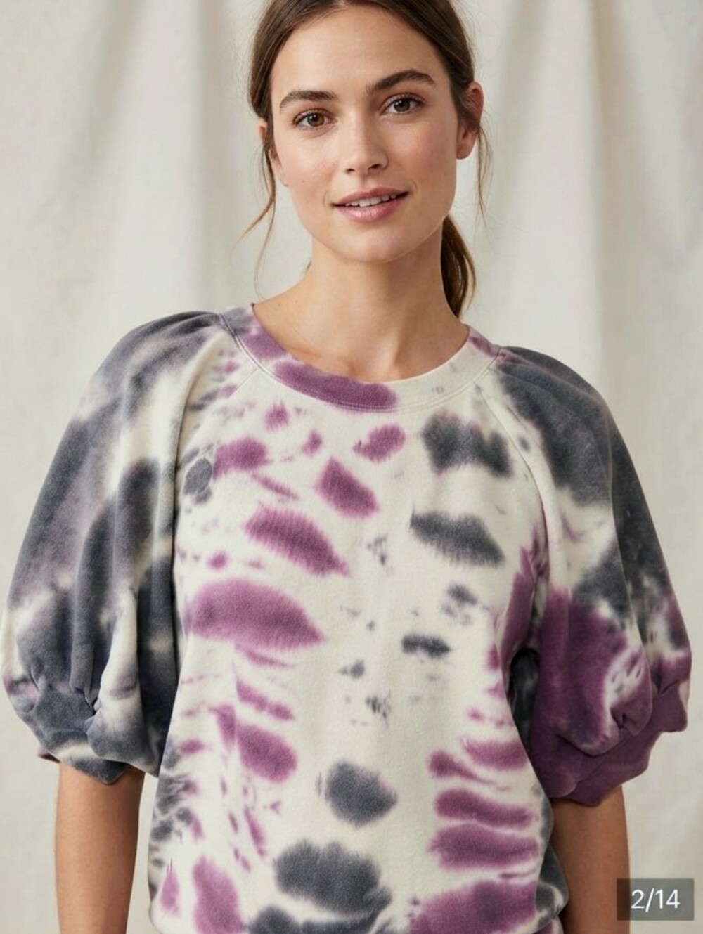 Anthropologie Maeve Tie-Dye Puff Sleeve Top Purple Grey Medium